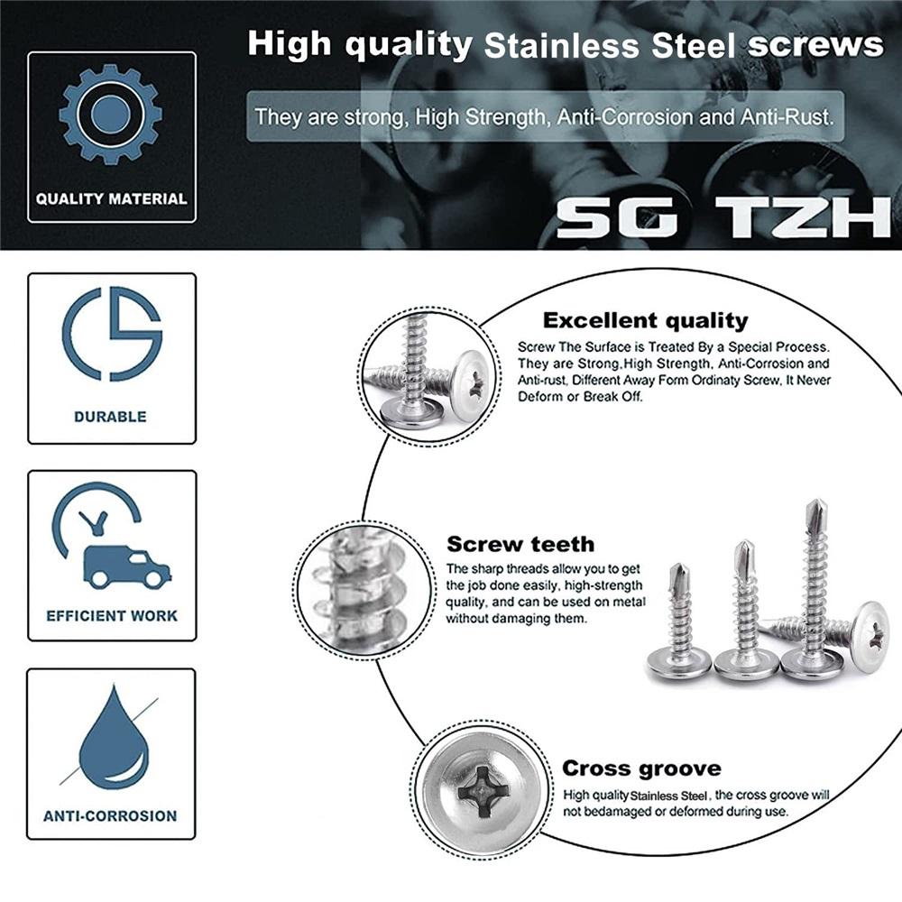 100pcs 410 Stainless Steel Truss Head Self-Tapping Screws – 8 Sizes M4.2x13-50mm, High Strength, Corrosion Resistant For Metal & Wood