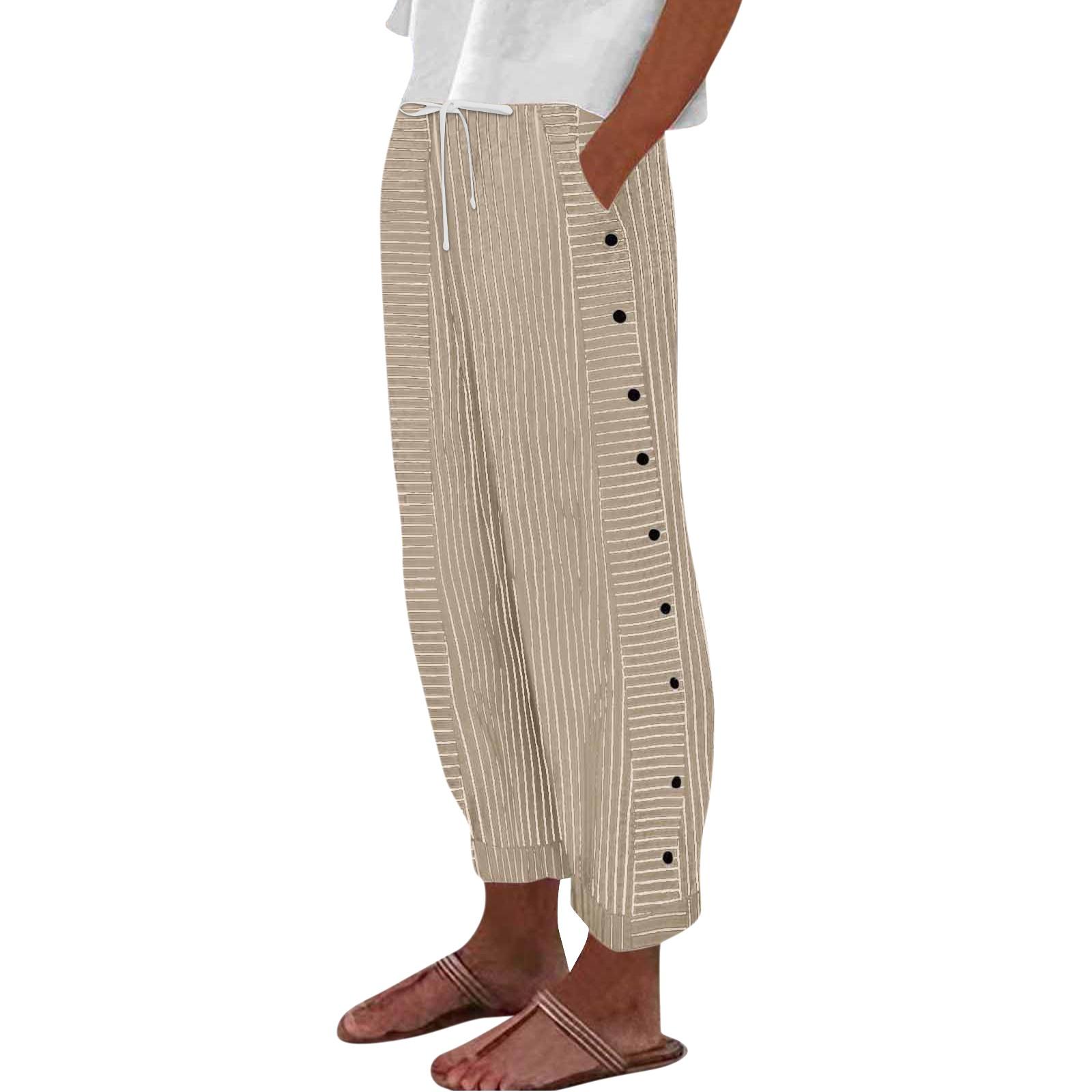 

Женские повседневные модные брюки в полоску с принтом сбоку, мешковатые брюки с эластичной резинкой на талии, прямые удобные брюки с карманом XL хаки