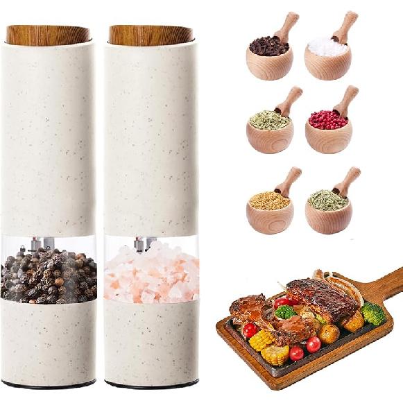 Electric Salt and Pepper Grinder, Pepper Grinder Set 2pcs, Wheat Straw Eco-friendly Material Automatic Pepper Salt Grinder, Adjustable Roughness, One