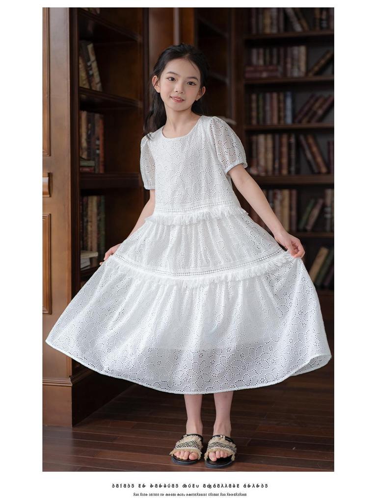 Girls' Embroidered White Cotton Dress – Sweet Bubble Sleeve Cake Design for Summer