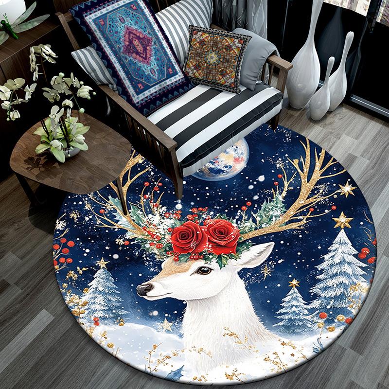 Winter Deer Round Area Rug,Carpet Rug for Living Room Bedroom Sofa Playroom Decor,Non-slip Floor Mat
