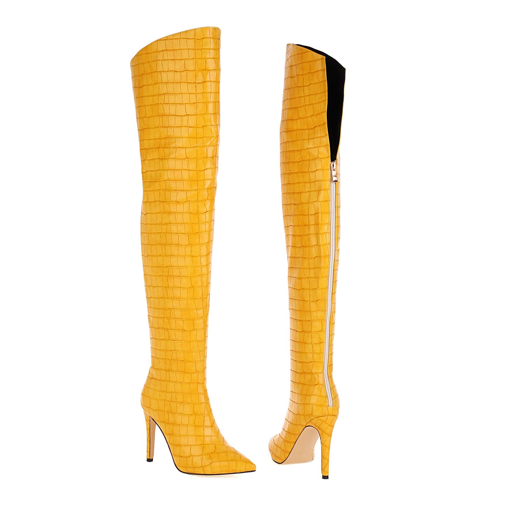 

8. Новые женские сапоги на высоком каблуке на осень и зиму. Сексуальные Сапоги выше колена на тонком высоком каблуке с острым носком. Универсальная однотонная большая женская обувь. 43 жёлтый