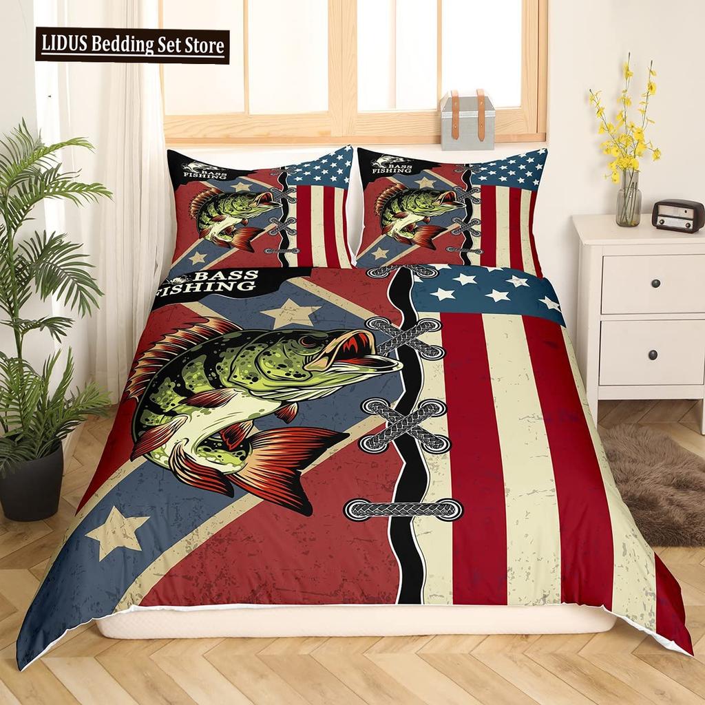 Pike Fish Bedding Striped Bass Big Pattern Hunting And Fishing Themed Duvet Cover For Kids Boys BedRoom Decorations For Teens