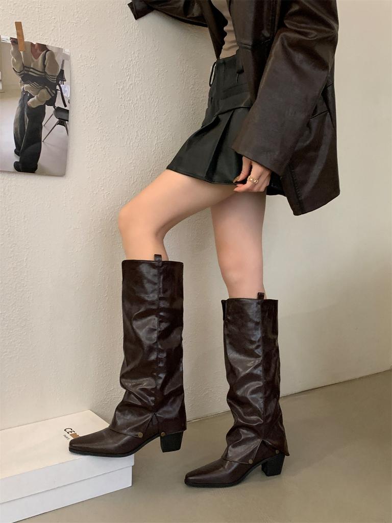 Spice Girl Style Pointed Head Thick Heel But Knee Boots Women's Fashion Temperament Thin Trouser Boots Western Cowboy Knight Boots