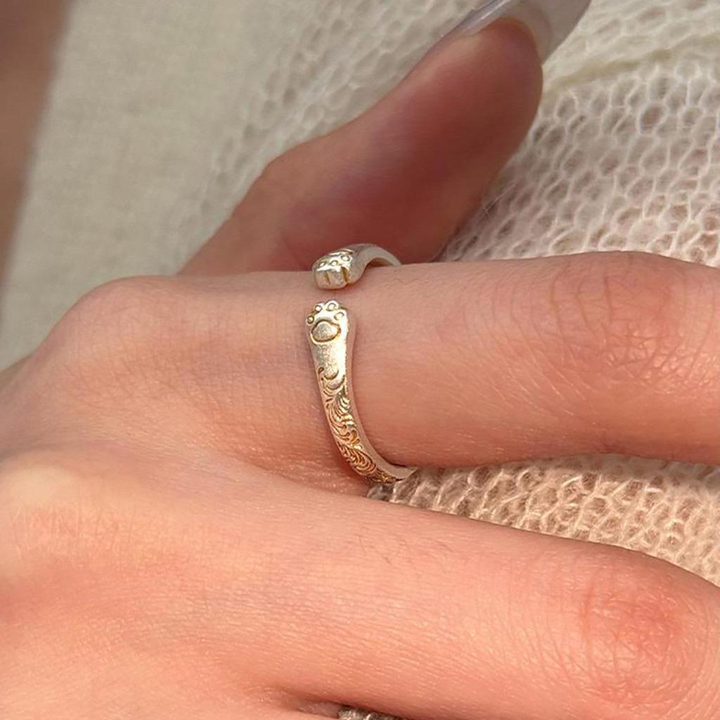 Gold-Plated Cat Paw Open Ring for Women - Cute, Fashionable, and Versatile Statement Piece