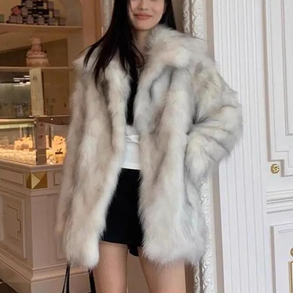 Geacă de iarnă pentru femei, imitație blană de vulpe, haină din iarbă, groasă, lungă, călduroasă, paltoane din blană artificială, jachetă cardigan de modă luxoasă, pentru femei