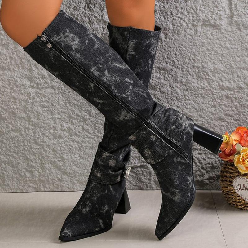 

Мода Мода Супер Высокий Каблук Сапоги Женские 2025 Винтажный Острый Носок Черный Синий Сапоги До Середины Икры Женские Стразы Декор Botas Lady 42 чёрный