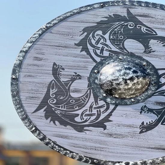 Battleworn Viking Shield  Fenrir Gray Wolf and King Finehair Inspired Design Norse Warrior Shield  Medieval Decor and Collectible Viking