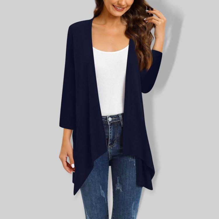 Gradient Print Women's Cardigan Jacket With Pocket Irregular Three Quarter Sleeve