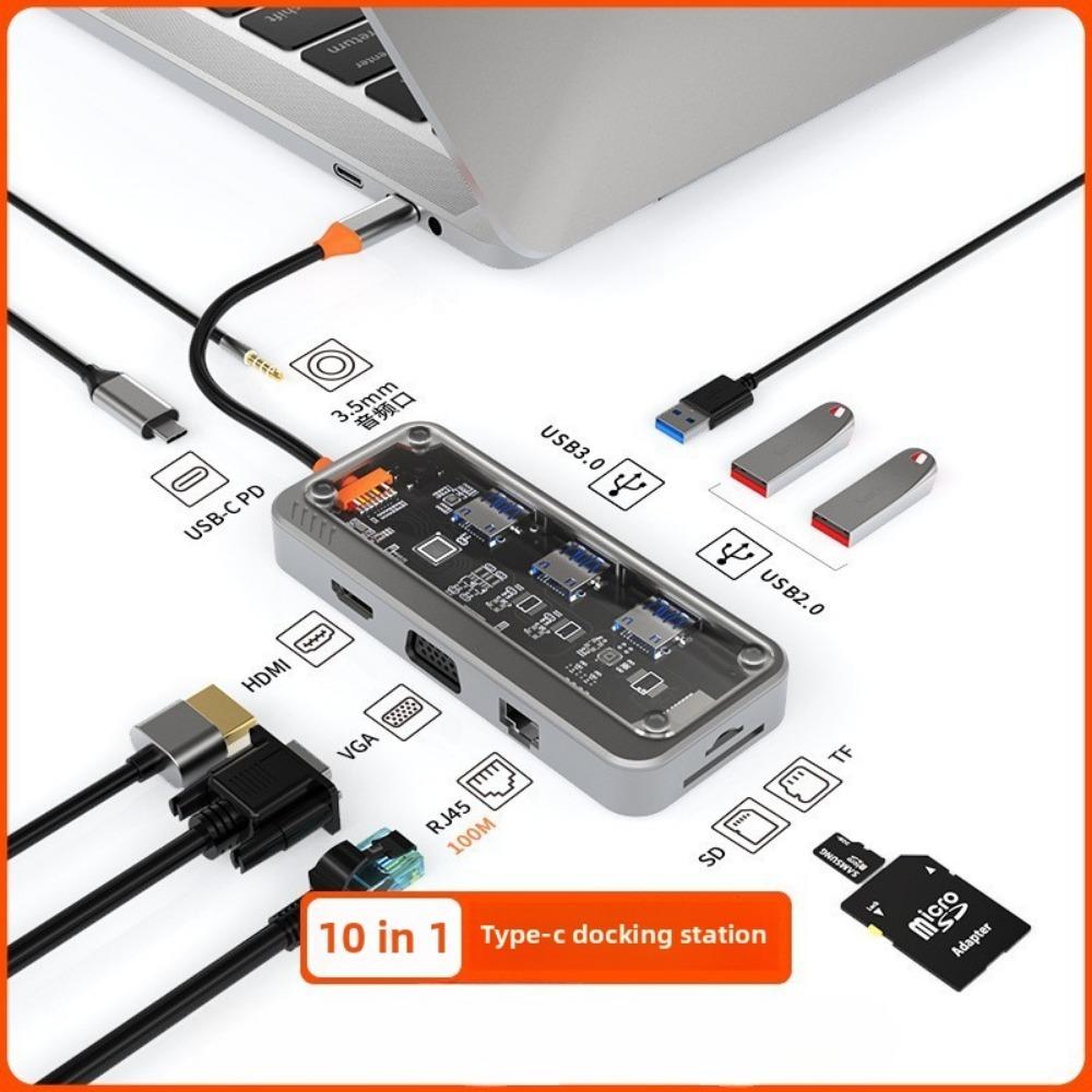 Transparent 10 In 1 Type C Docking Station USB Hub Adapter for Laptop PC MacBook