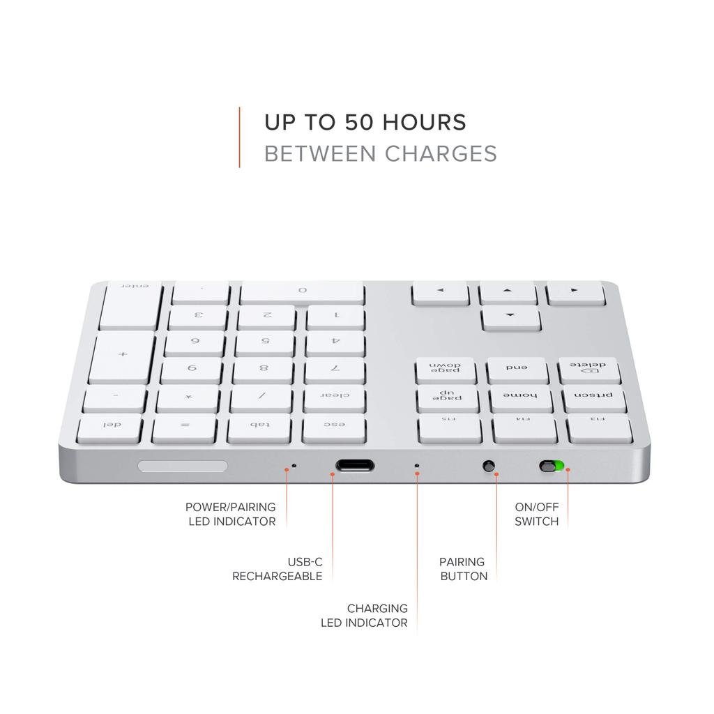 Satechi Slim Extended Bluetooth Numeric Keypad Wireless Rechargeable 34 Mac Numeric Keypad Number Pad with 2012 and later MacOS devices such as Keys,