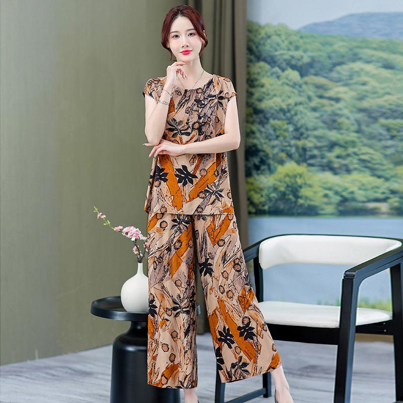 Plus Size Summer Pants Sets for Women  Elegant Loose Vintage Print 2 Piece Outifts