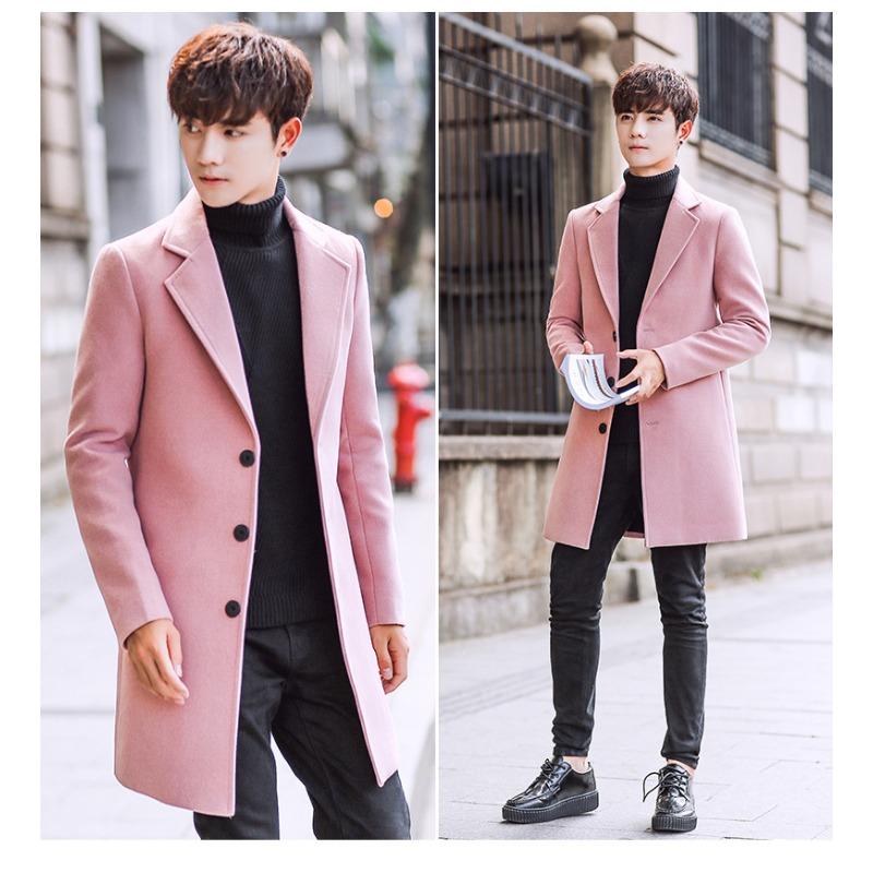 Men S Korean Style Slim Fit Solid Stand Collar Single Breasted Casual Woolen Overcoat