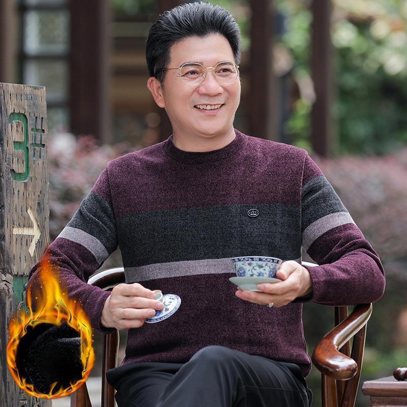 

Зимний свитер из синели для пап среднего возраста, мужской, с круглым вырезом, утолщенный бархат, теплые трикотажные топы для людей среднего возраста и пожилых людей 4XL