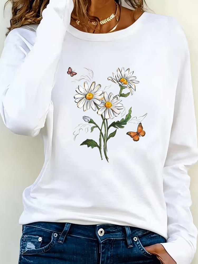 (Asian Size) Love Heart Watercolor Trend Tee Lady Printed O-neck Long Sleeve T Shirt Women Female Clothing Casual Fashion Top Graphic T-shirts