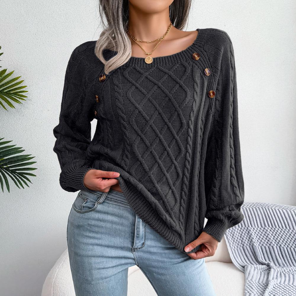 Europe and The United States Women's Fall and Winter Loose Casual Square Neck Pin Buckle Twist Knit Pullover Sweater