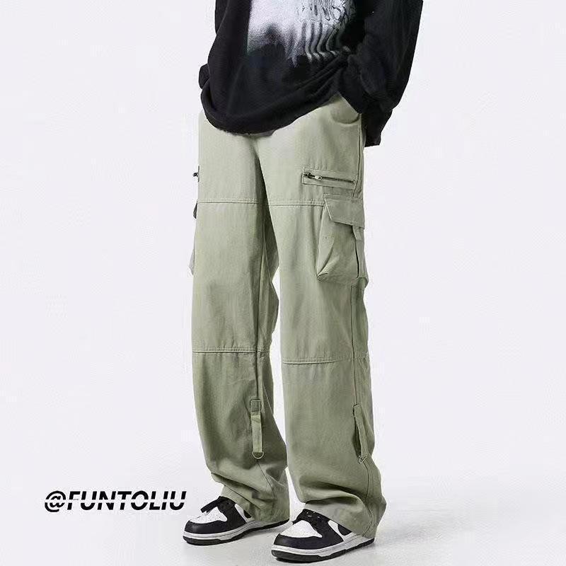 Men's Light Green Multi-Pocket Casual Overalls - Japanese Style, Straight, Loose Fit, Autumn Trend, Zippered, Mopping Pants