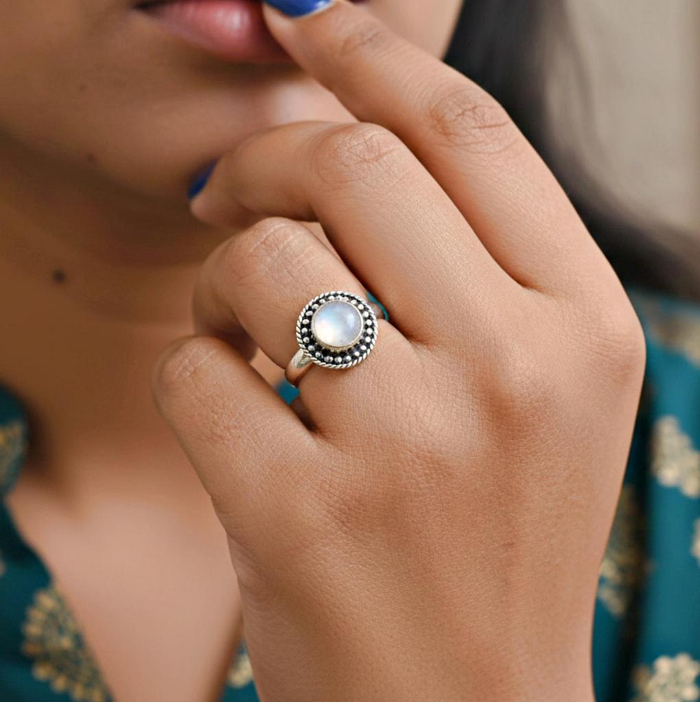 Round Shape Rainbow Moonstone Ring, 925 Sterling Silver, Minimalist Boho Ring, Promise Ring for Her
