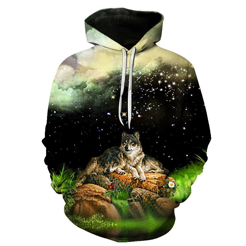Cool Space Galaxy Wolf Hoodie Hoodies Men Bright Wolf Fashion Handsome Wolf Hoddies Spring Autumn Pullovers Sweatshirts Sweat