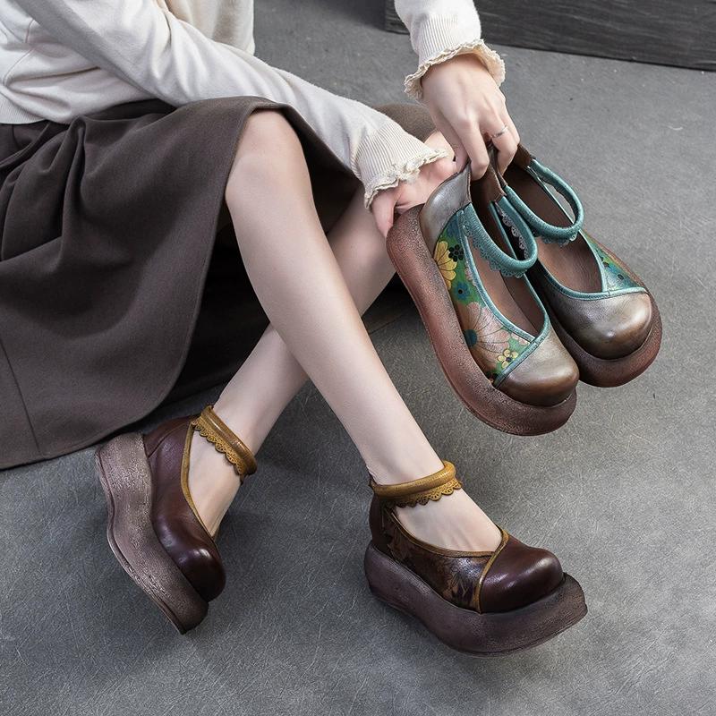 Fashion GKTINOO Retro Round Toe Thick Soled Shoes For Spring Summer 2025 New Genuine Leather Flower Women's Flat Platform Shoes