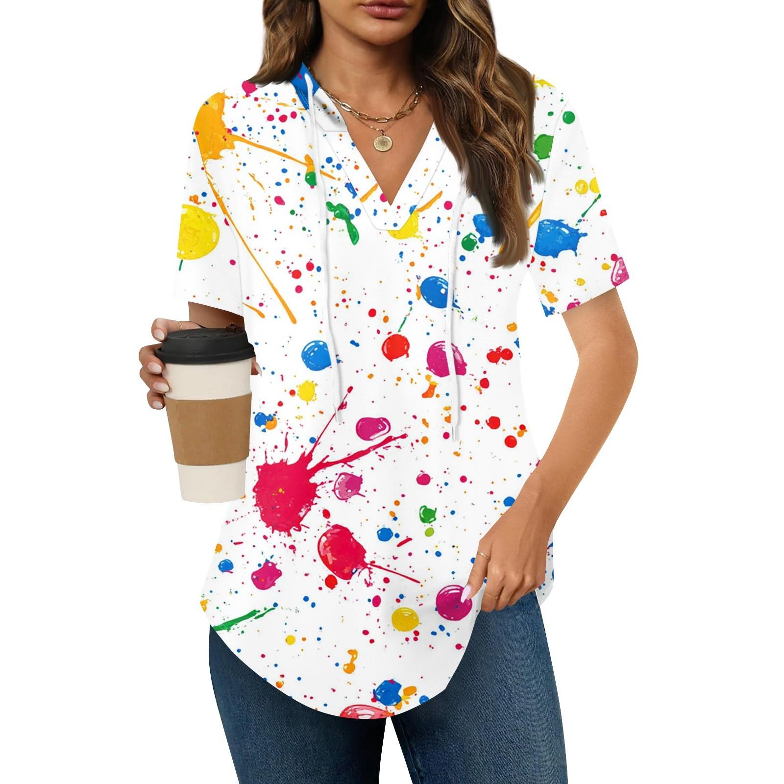 

Women s Summer V Neck Tee Shirts Short Sleeve Hoodie Tunic Tops Casual Loose Tunic Sweatshirts XL білий