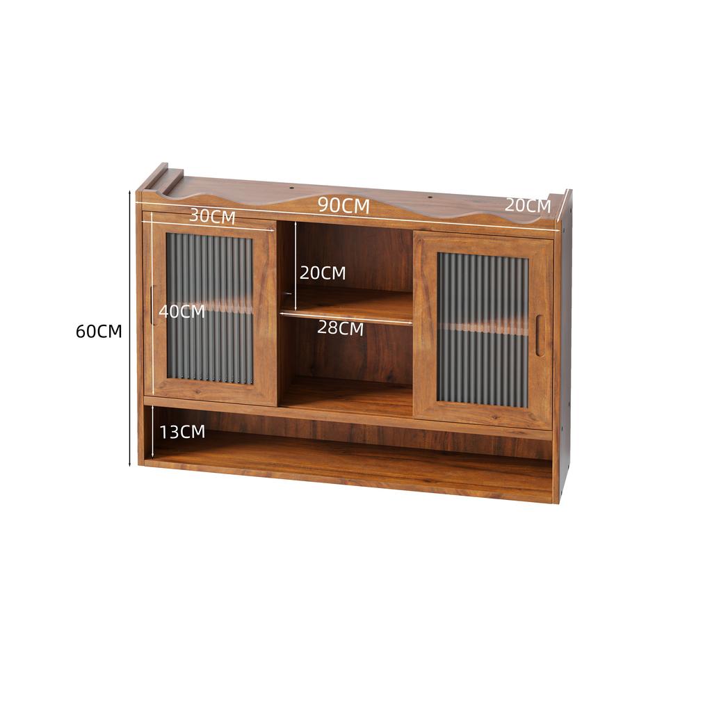 90CM Retro 2-türiger Schiebeschrank Drei Ebenen Stauraum, Geeignet für Badezimmer, Küchen, Esszimmer, Braun