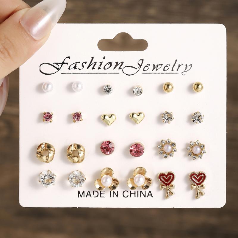 9/12Pairs Assorted Stud Earring Set With Pearl Rhinestone Design For Daily Wear Party Gifts For Women Girls
