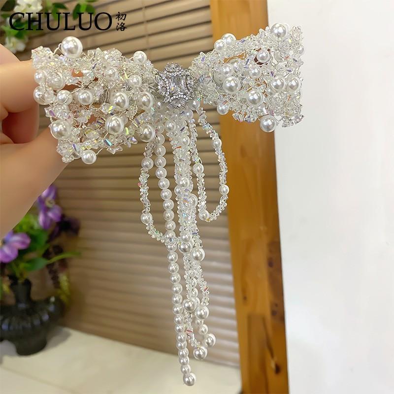 Elegant Chinese-Inspired Pearl Hair Clip Women Spring-Loaded Half-Up Bun Accessory White 2026 Collection White