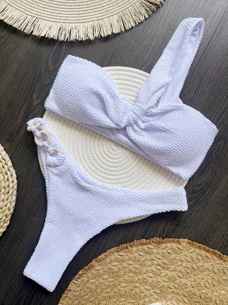 

2025 Модный полосатый однотонный купальник-бикини на одно плечо со шнуровкой, модный дизайн, одежда для пляжной вечеринки L белый