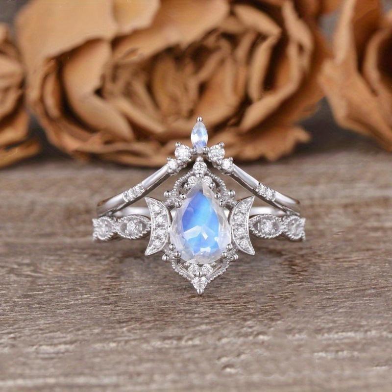 

Unique Moonstone Engagement Ring Set fairy engagement ring Pear Shaped Bridal Set 2pcs Unique Vine Half Moon Floral Ring Wedding Ring Marquise Moonsto 5
