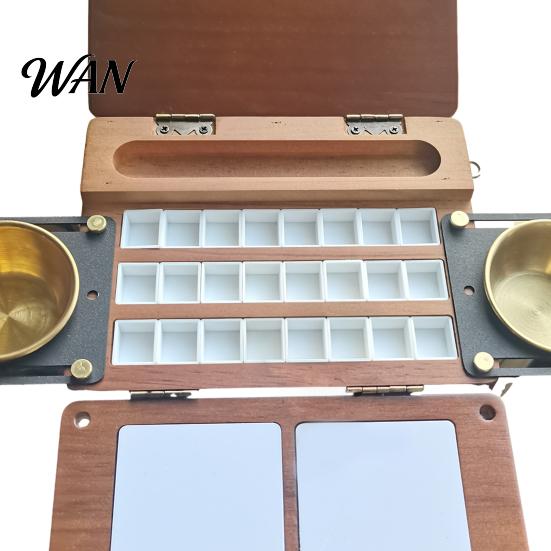 24-grid Paint Palette 24-Grid Watercolor Box, Travel with Brush Cup Holders, Metal Sliding Holder Two Mixing Areas, Wooden Portable Paintbox