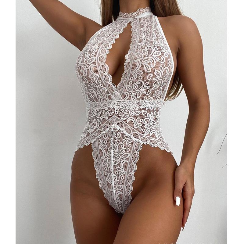 New Sexy Lingerie For Women One Piece Halter Bodysuit Fishnet Bra Set Lace Erotic Nightgown Transparent Sexy Underwear Sets
