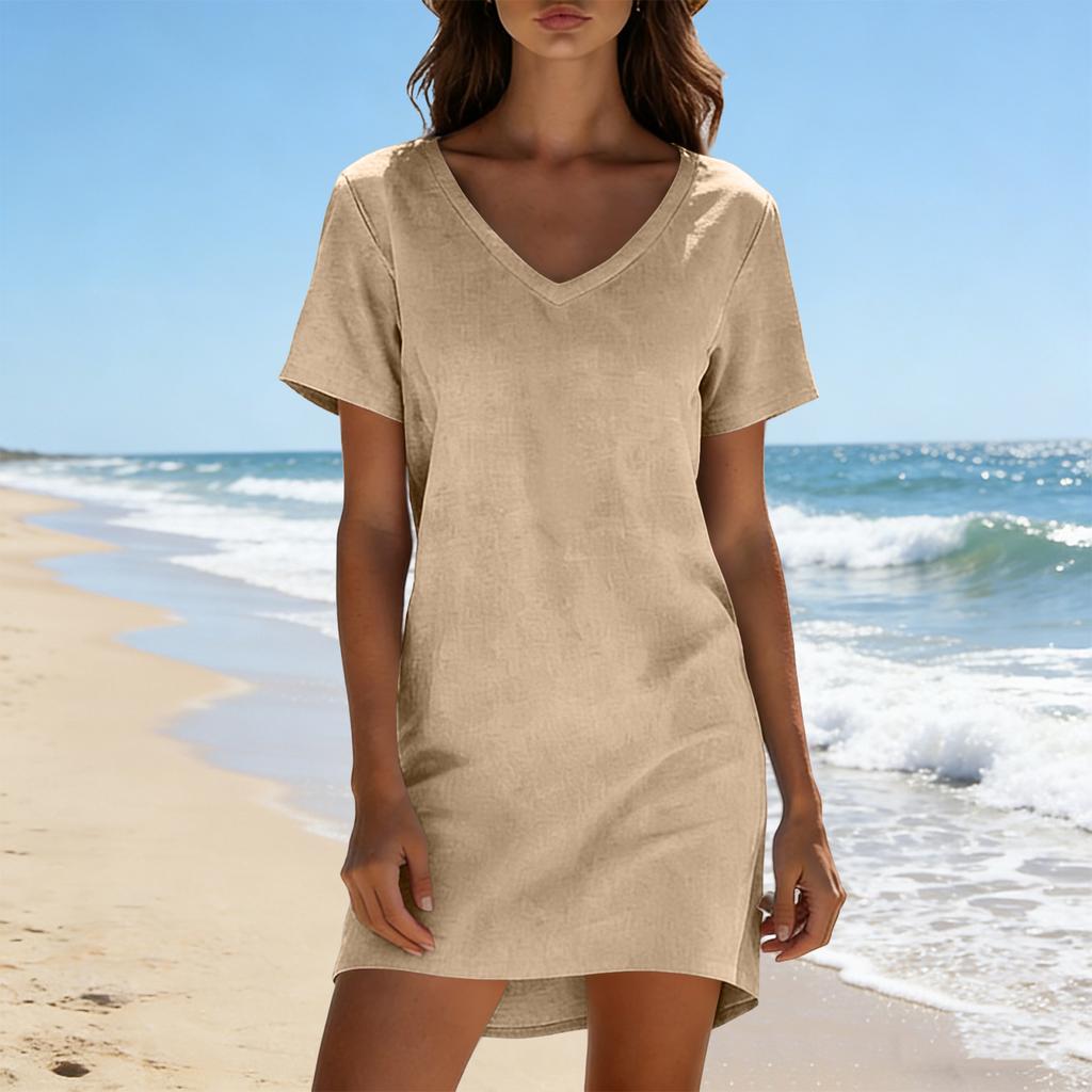 Modisches lässiges Damenkleid mit V-Ausschnitt, kurzen Ärmeln und lockerer Passform aus Baumwoll-Leinen-Mischung
