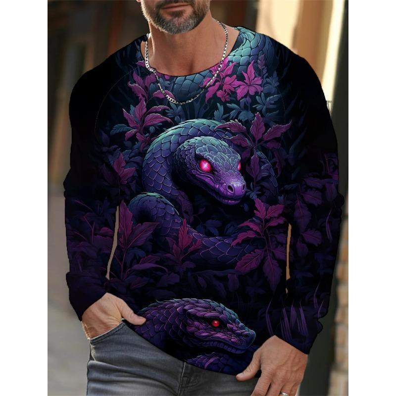Spring and Autumn Round Neck 3D Snake Pattern Printed Top Fashionable Casual Long Sleeved Men's T-shirts