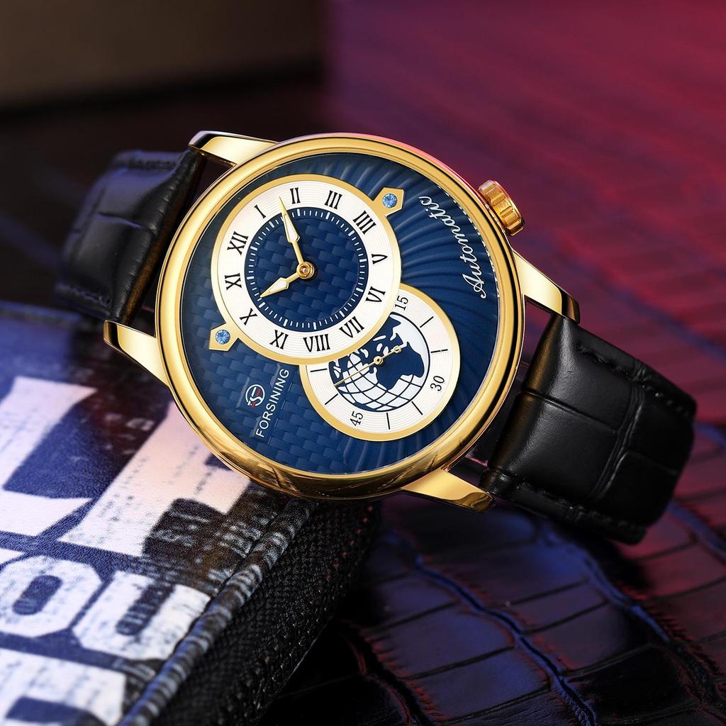 Forsining Men' S Mechanical Watch Fashion Double Dial Automatic Winding Men Wristwatches Sport Genuine Leather Clock For Man