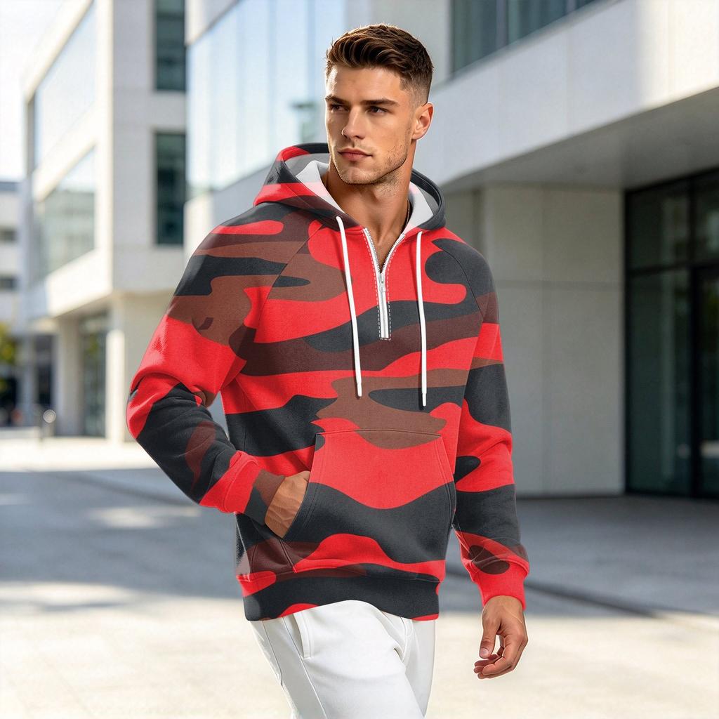 Men's Camouflage Print Zip-Up Hoodie, Casual Loose Fit Long Sleeve Hooded Sweatshirt for Fall Winter