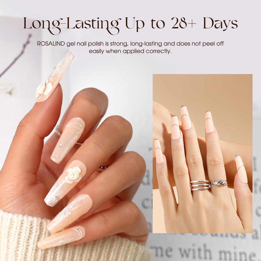 ROSALIND 6PCS Nail Polish Set Pure Pink Nude Glitter Gel Nail Polish Semi Permanent Hybrid Nail Gel Polish Soak Off UV LED Base Top Coat Gel Polish