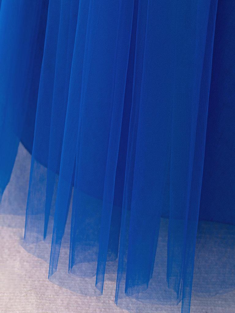 Blue Muslim Evening Dress with Long Sleeves and Puffy Tulle Skirt