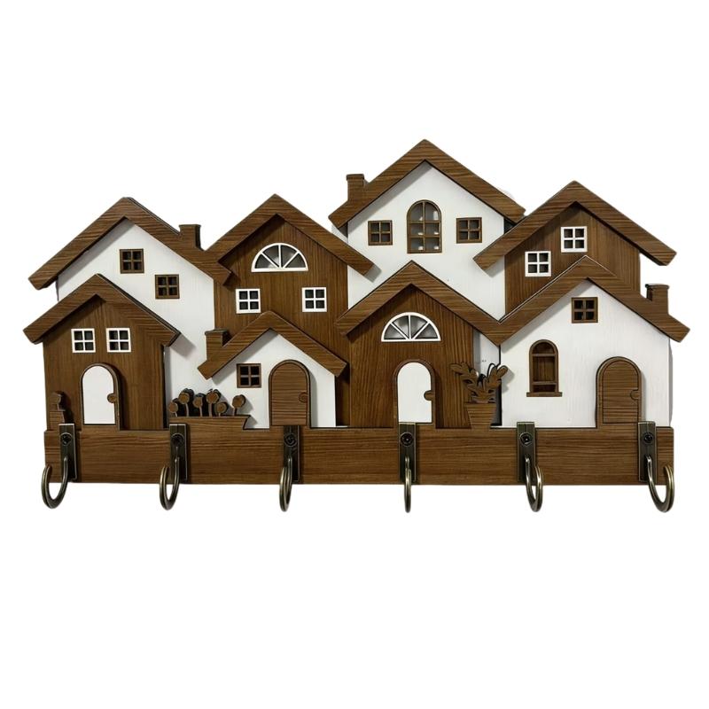 Retro Inspires Wood Key Holder With 3D House Shape Decorative Wooden Hanger For Keys And Small Items