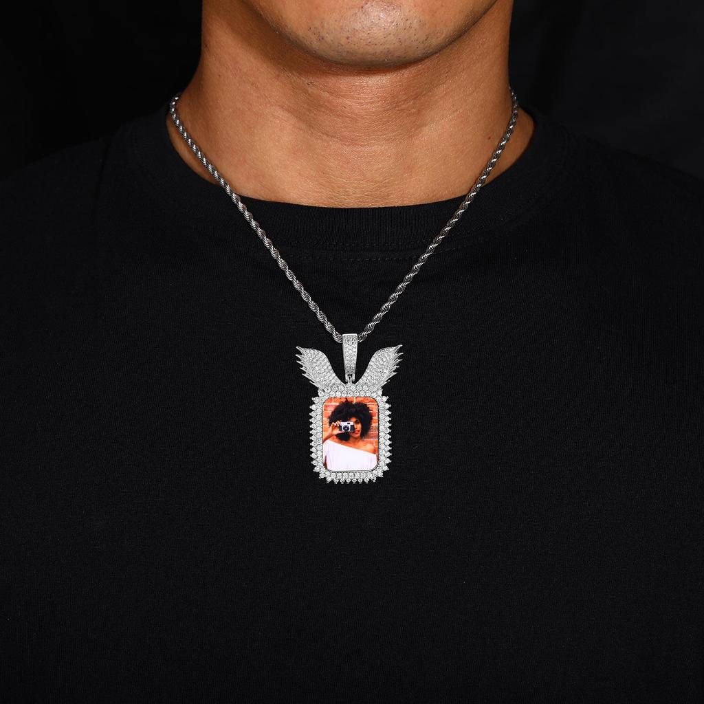 Creative Winged Square DIY Memory Photo Frame Pendant - Custom Hip Hop Necklace