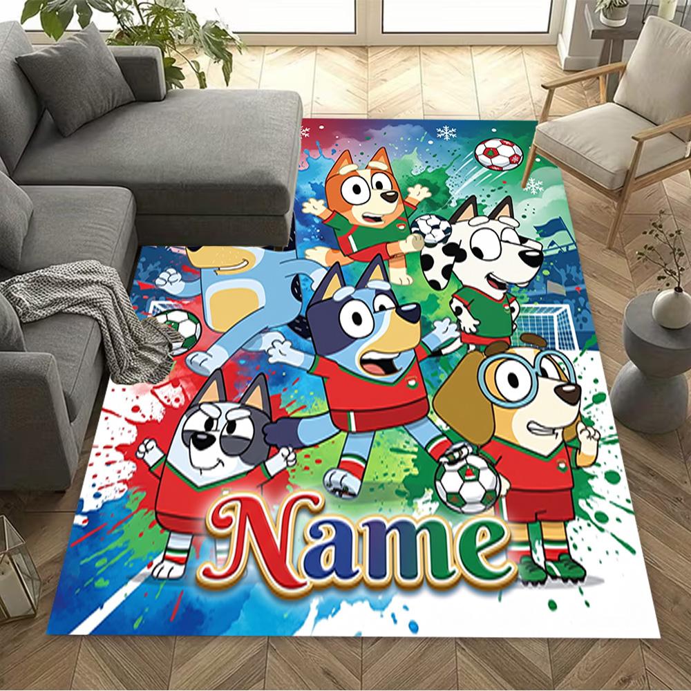 Bluey's Soccer Fun Customized Name Floor Mat Perfect for Study room Foyer Decorate room Playrooms Anti-slip Rug Decorate Offices