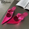 Eilyken Satin Button Pointed Toe Mules Pumps Women Slipper Shallow Thin High Heels Ladies Shoes