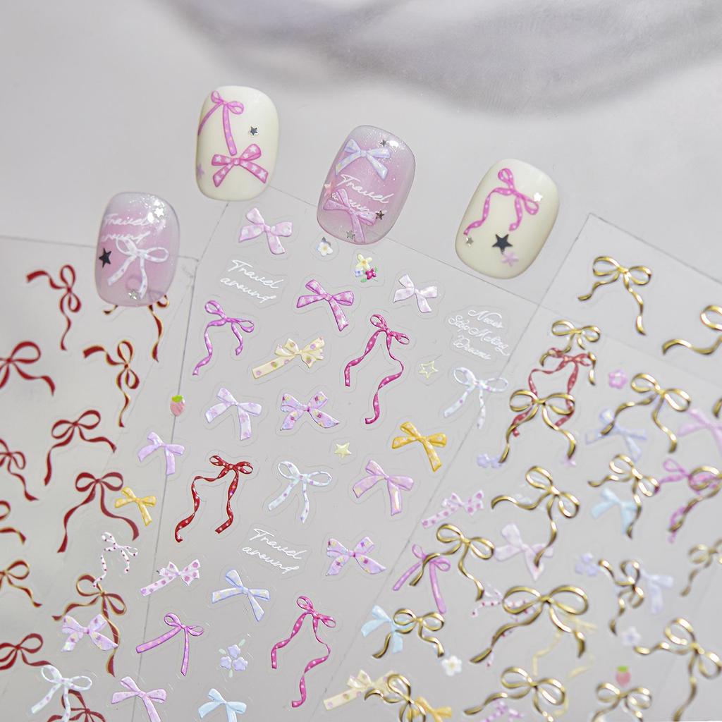 Tomoni Red Bow Minimalist Nail Art Stickers - Modern Embossed INS Style