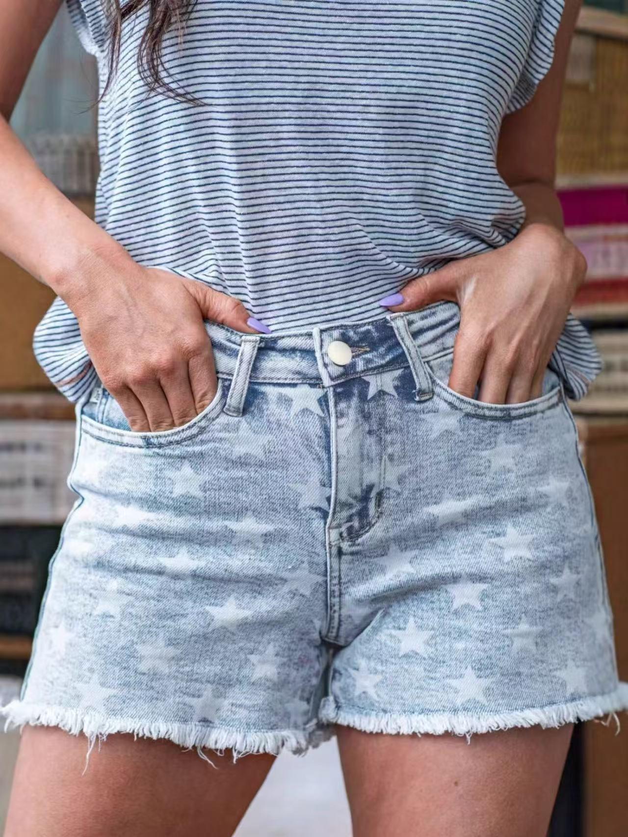 

Women s Slim-Fit Star Print Denim Shorts - Casual & Sexy Style 2XL светло-синий