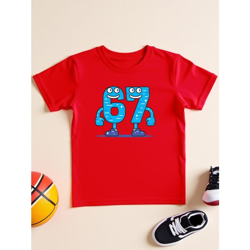 European Sizes Children's Fun Number 67 Cartoon Print T-Shirt, Cute Joyful Face Pattern Top for Boys and Girls, Summer New Casual Short Sleeve