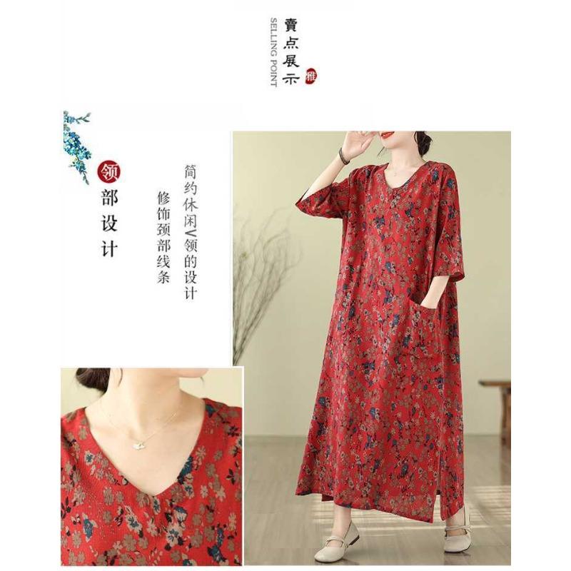 2025 Literary Retro Travel Plus Slim Cotton V-Neck Dress