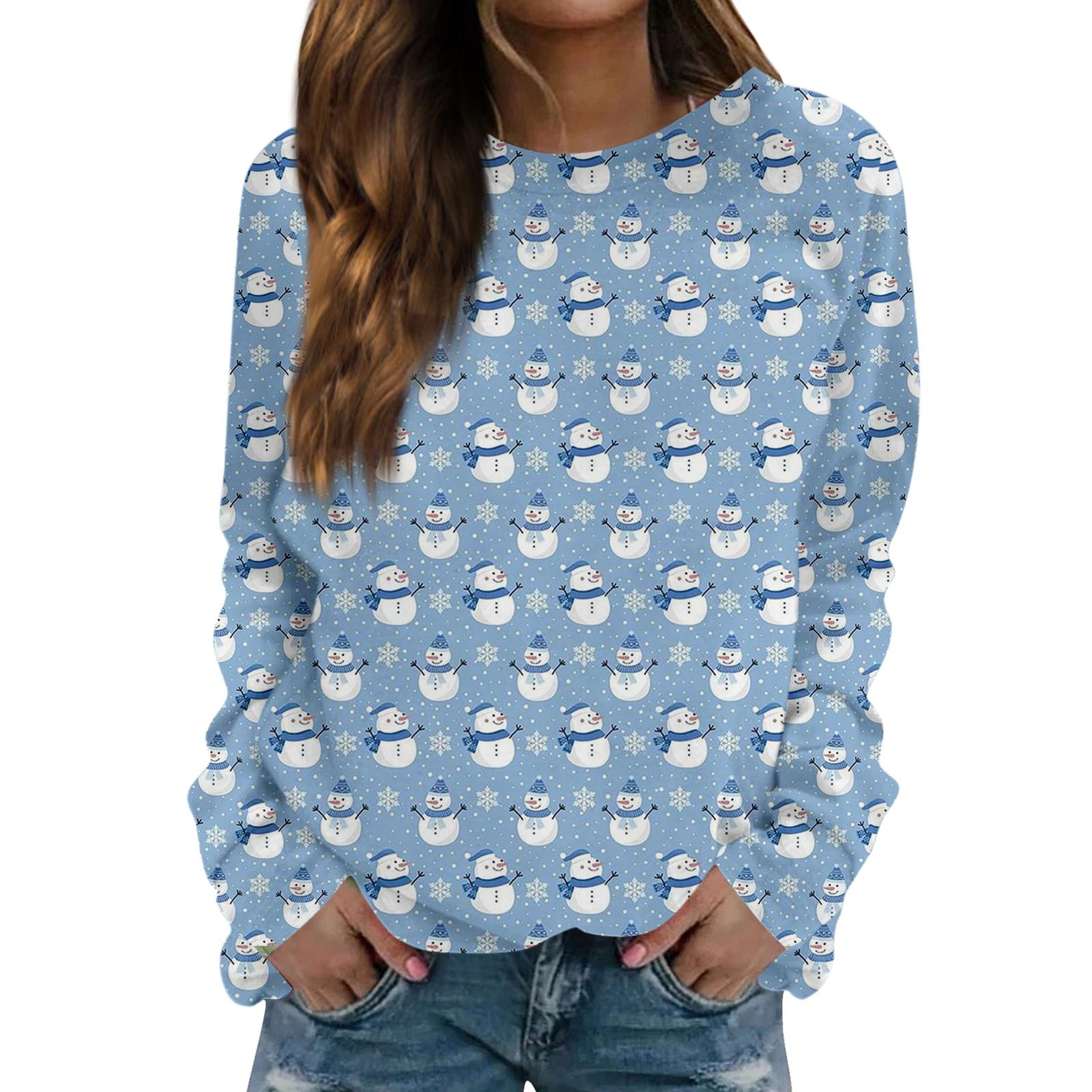

Women s Fashionable Casual Long-sleeved Retro Christmas Snowman Print Round Neck Top XL небесно-голубой