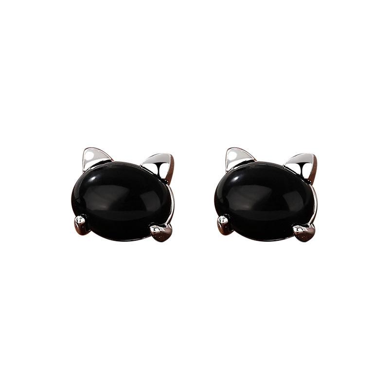 Cute Black Agate Cat Head Earrings for Women  Daily Niche Design Student Earrings