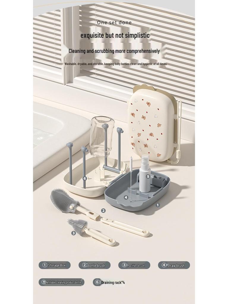 Portable Baby Bottle and Nipple Brush Set with Storage Box - Silicone Cleaning Tool
