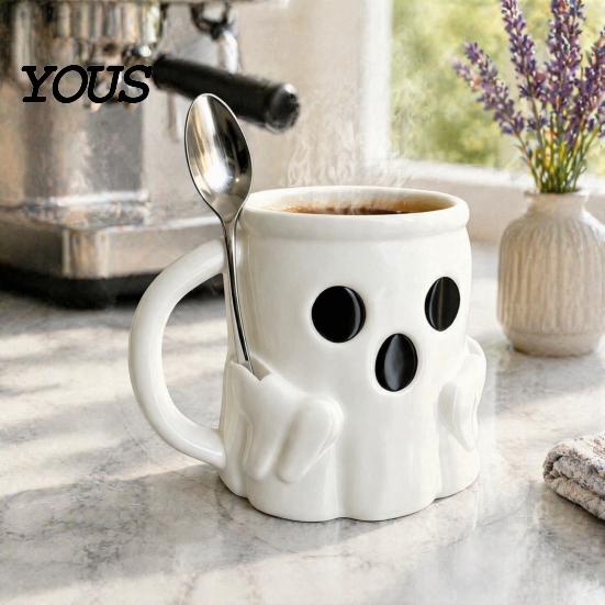 Halloween Party Geschirr Eisbecher mit Löffelhalter, 3D-gedruckter süßer Geisterbecher, Geformter Kaffeebecher Stiftehalter Dekoration, Weihnachten Geburtstag